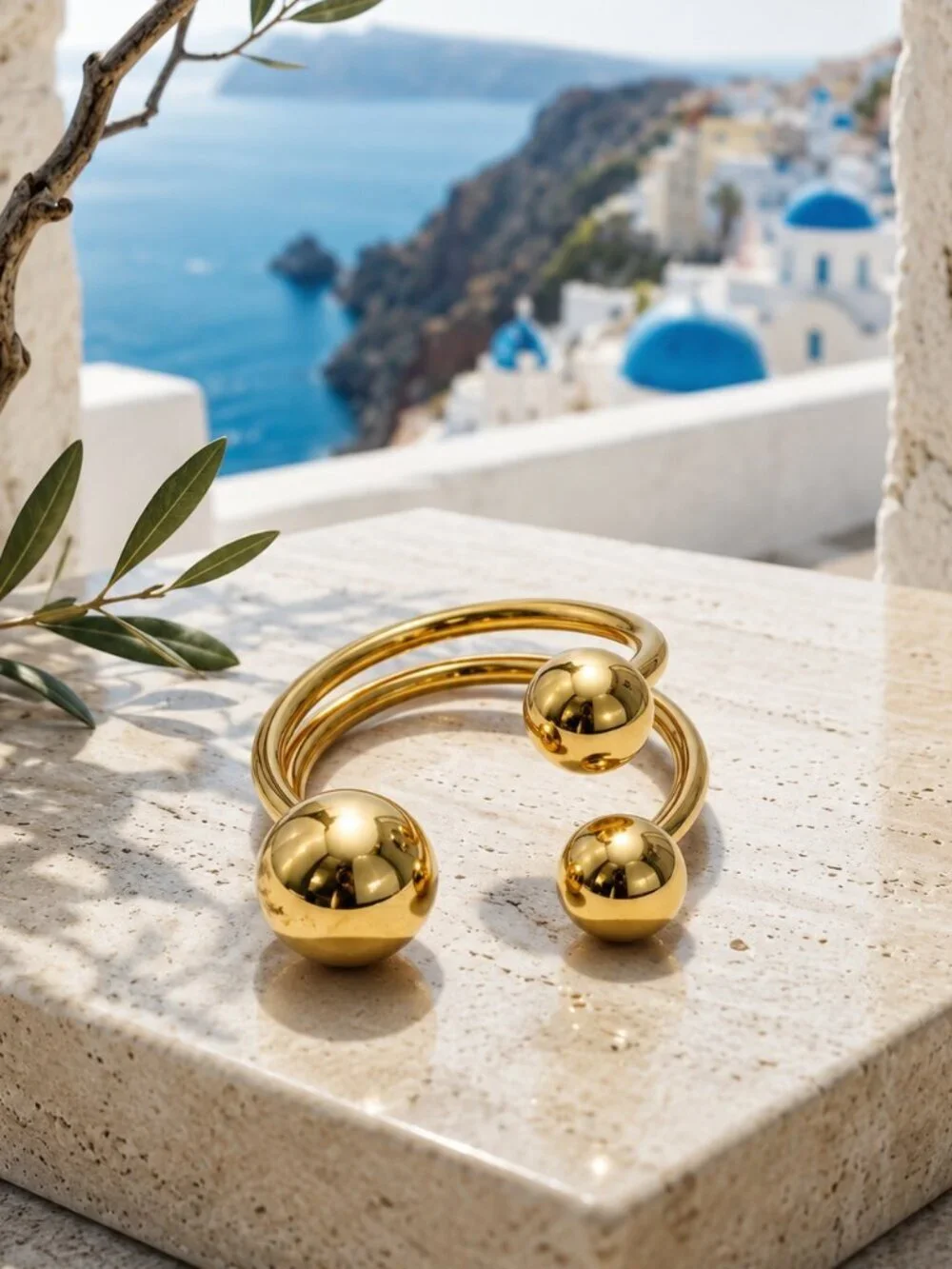 18K Gold Plated Stainless Steel Triple Ball Sphere Open Wrap Ring Minimalist 6